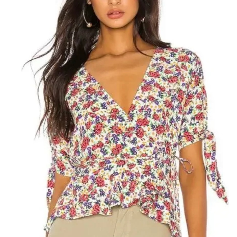 Faithfull the Brand Floral Wrap V-Neck in White w/ Yellow Pink & Purple Flowers